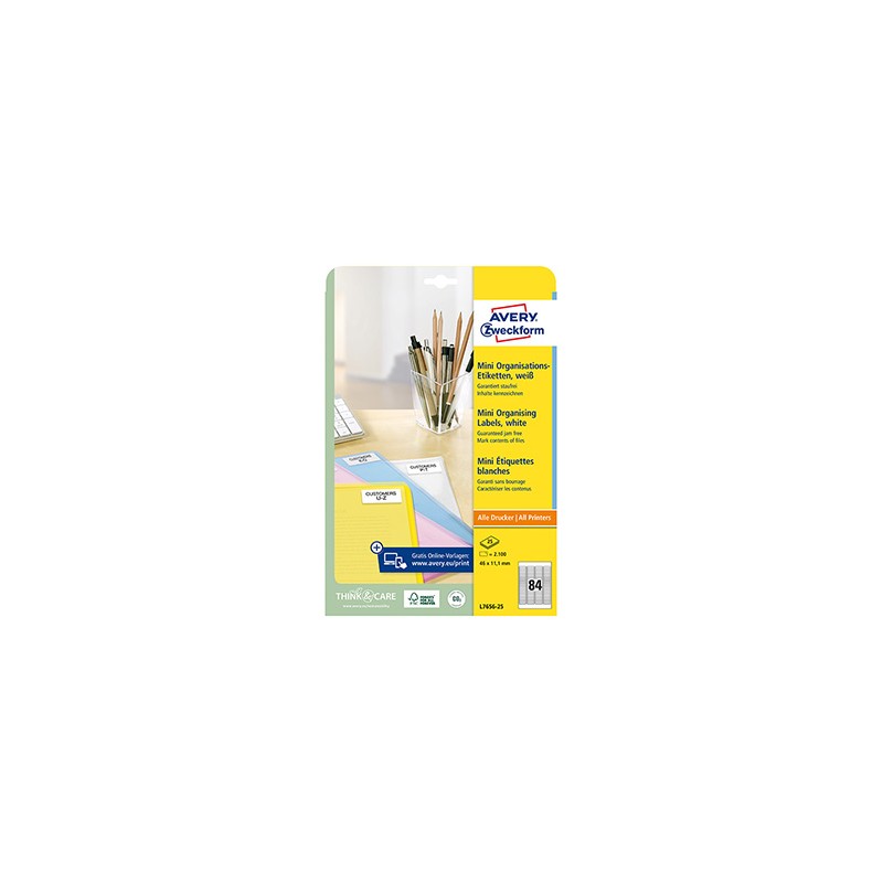 Avery Zweckform etykiety 46mm x 11.1mm, A4, białe, 84 etykiety, na folder, mini, pakowane po 25 szt., L7656-25, do drukarek lase