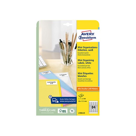 Avery Zweckform etykiety 46mm x 11.1mm, A4, białe, 84 etykiety, na folder, mini, pakowane po 25 szt., L7656-25, do drukarek lase