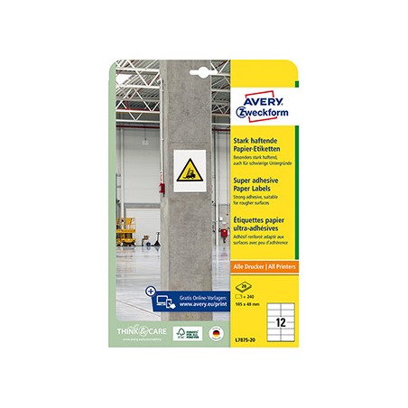 Avery Zweckform etykiety 105mm x 48mm, A4, białe, 12 etykiety, o wysokiej przylepności, pakowane po 20 szt., L7875-20, do drukar