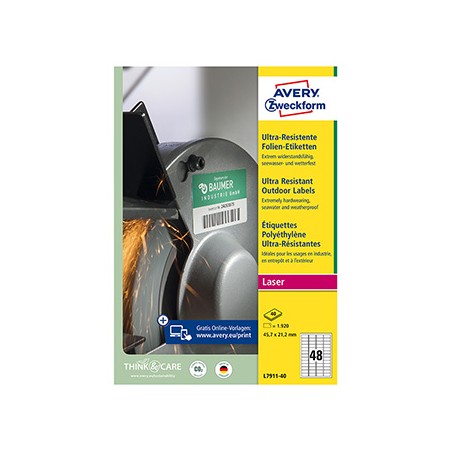 Avery Zweckform etykiety 45.7mm x 21.2mm, A4, białe, 48 etykiety, bardzo trwałe, pakowane po 40 szt., L7911-40, do drukarek lase