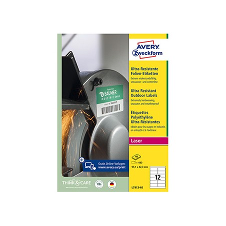 Avery Zweckform etykiety 99.1mm x 42.3mm, A4, białe, 12 etykiety, bardzo trwałe, pakowane po 40 szt., L7913-40, do drukarek lase