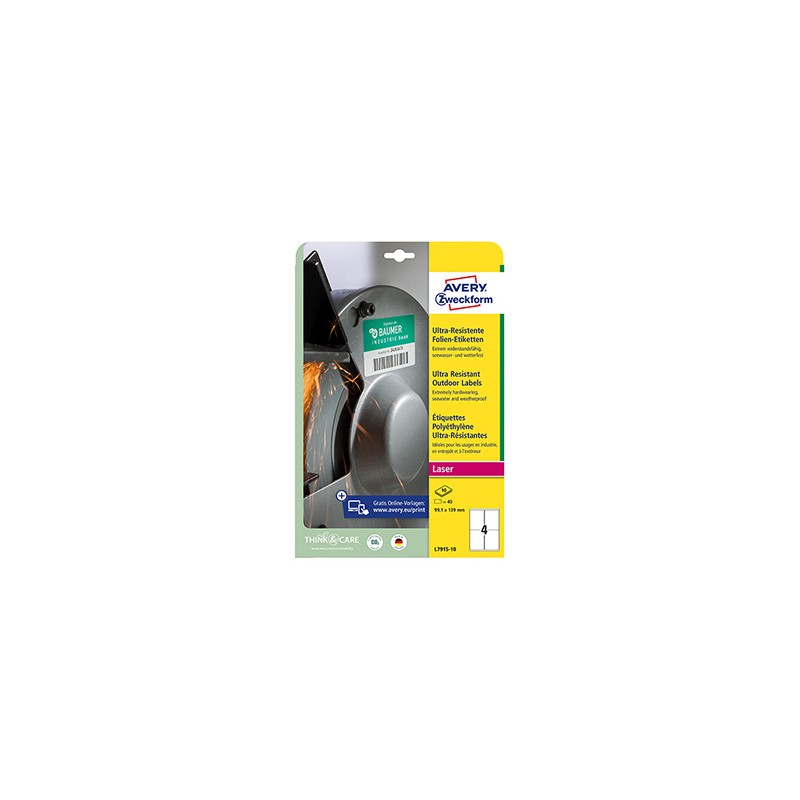 Avery Zweckform etykiety 99.1mm x 139mm, A4, białe, 4 etykiety, bardzo trwałe, pakowane po 10 szt., L7915-10, do drukarek lasero