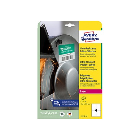 Avery Zweckform etykiety 99.1mm x 139mm, A4, białe, 4 etykiety, bardzo trwałe, pakowane po 10 szt., L7915-10, do drukarek lasero