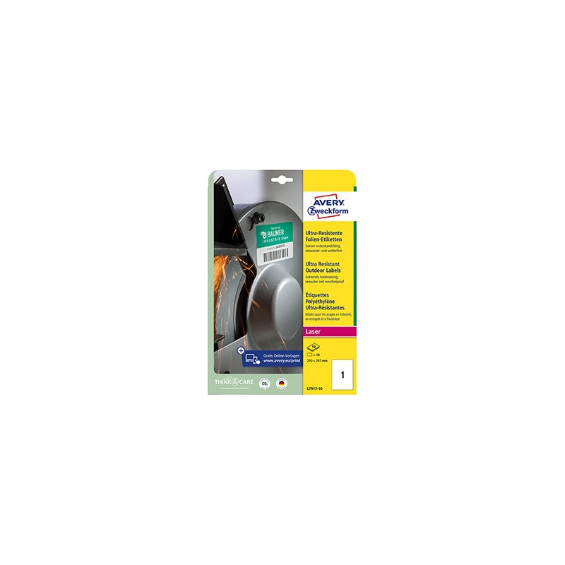 Avery Zweckform etykiety 210mm x 297mm, A4, matowe, białe, 1 etykieta, niezwykle odporne, pakowane po 10 szt., L7917-10, do druk