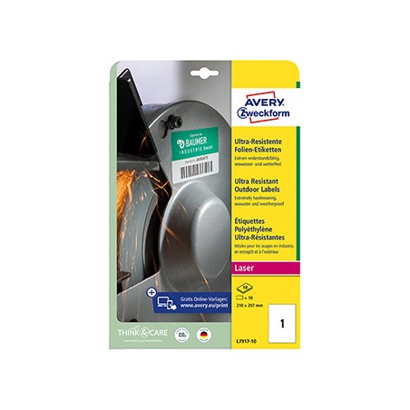 Avery Zweckform etykiety 210mm x 297mm, A4, matowe, białe, 1 etykieta, niezwykle odporne, pakowane po 10 szt., L7917-10, do druk