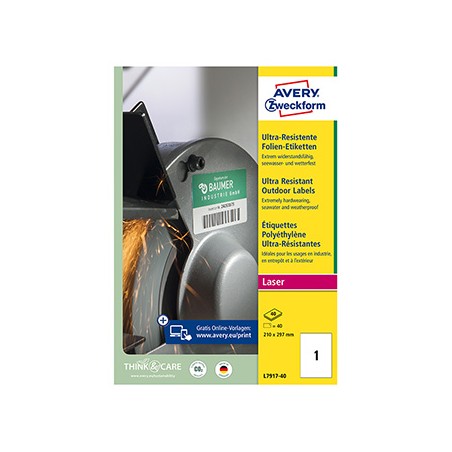 Avery Zweckform etykiety 210mm x 297mm, A4, matowe, białe, 1 etykieta, niezwykle odporne, pakowane po 40 szt., L7917-40, do druk