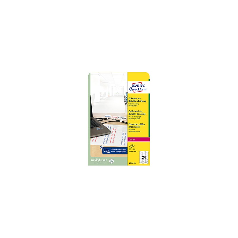 Avery Zweckform etykiety 60mm x 40mm, A4, białe, 24 etykiety, do oznaczania kabli, pakowane po 20 szt., L7950-20, do drukarek la