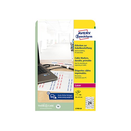 Avery Zweckform etykiety 60mm x 40mm, A4, białe, 24 etykiety, do oznaczania kabli, pakowane po 20 szt., L7950-20, do drukarek la
