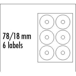 Logo etykiety na CD 78/18mm, A4, matowe, białe, 6 etykiety, 140g/m2, pakowane po 10 szt., do drukarek atramentowych i laserowych