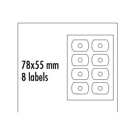 Logo etykiety na CD 78mm x 55mm, A4, matowe, białe, 8 etykiety, CD-R card, 140g/m2, pakowane po 25 szt., do drukarek atramentowy