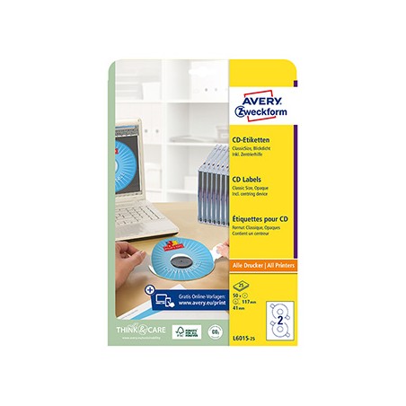 Avery Zweckform etykiety na CD 117/41mm, A4, matowe, białe, 2 etykiety, pakowane po 25 szt., L6015-25, do drukarek laserowych i 