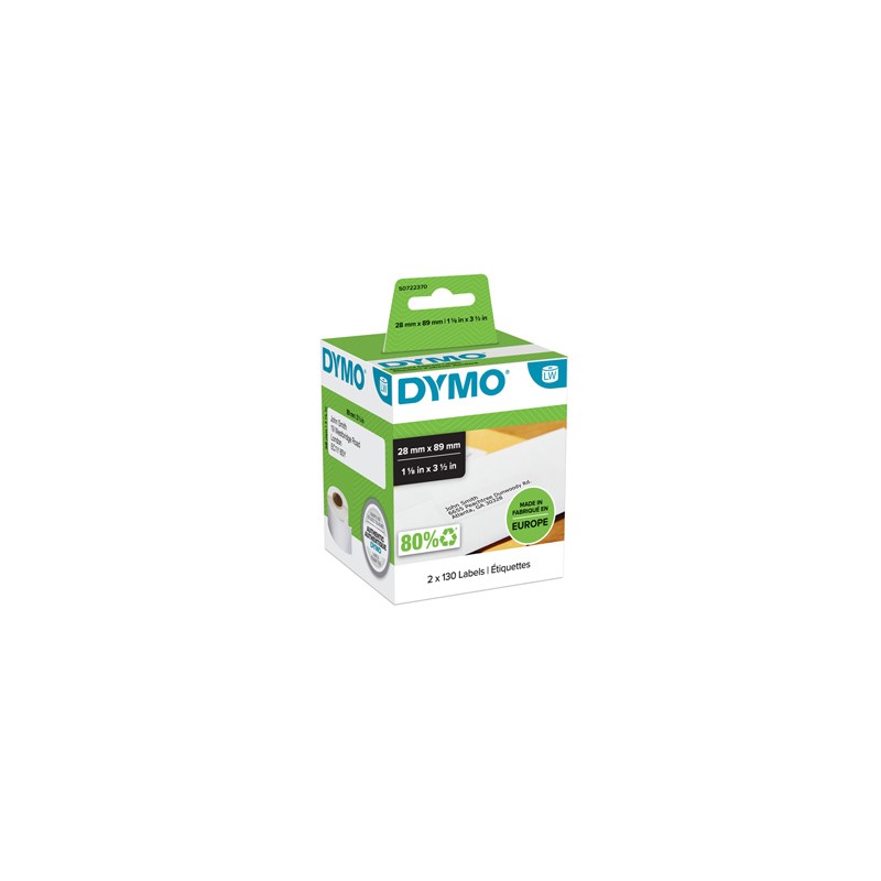 Dymo etykiety papierowe 89mm x 28mm, białe, adresowa, 2X130 szt., 99010, S0722370