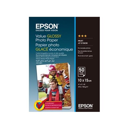 Epson Value Glossy Photo Paper, C13S400038, foto papier, połysk, biały, 10x15cm, 183 g/m2, 50 szt., atrament