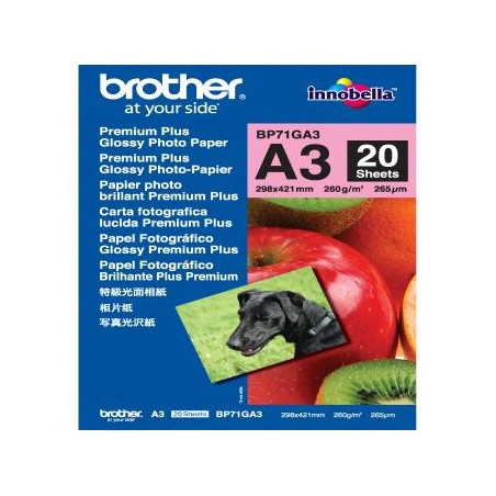 Brother Glossy Photo Paper, BP71GA3, foto papier, połysk, biały, A3, 260 g/m2, 20 szt., atrament
