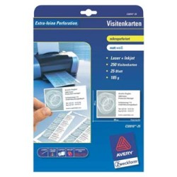 Avery Zweckform wizytówki, z gładka krawędzią, 10szt./A4 typ matowe, białe, A4, 185 g/m2, 85x54mm, 25 arkusza, do drukarek atram