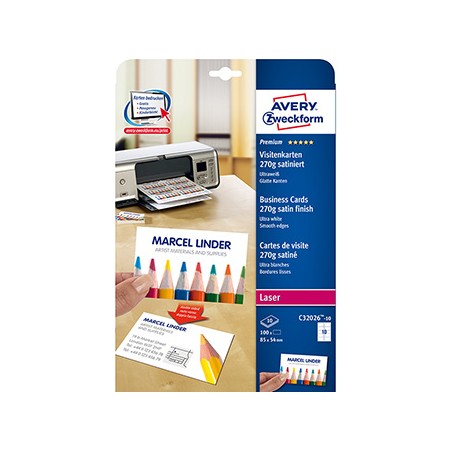 Avery Zweckform wizytówki, z gładka krawędzią, 10szt./A4 typ matowe, białe, A4, 270 g/m2, 85x54mm, 10 arkusza, do drukarek atram