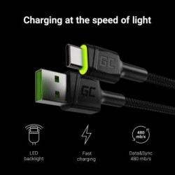 Green Cell kabel Ray USB kabel - USB-C 120cm z green LED backlight i support szybkie ładowania Ultra Charge, QC 3.0