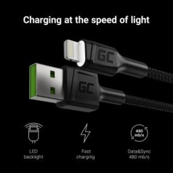 Green Cell kabel Ray USB-A - Lightning biała LED 120cm z support do Apple 2.4A szybkie ładowania