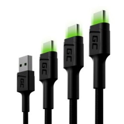 Zestaw 3x Green Cell kabel GC Ray USB-C kabel 30cm, 120cm, 200cm z green LED backlight, szybkie ładowania UC, QC 3.0