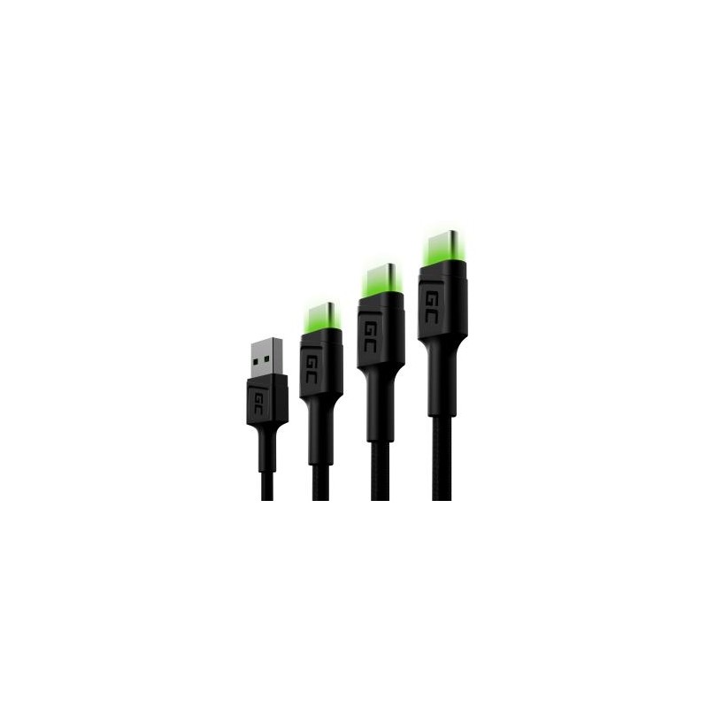 Zestaw 3x Green Cell kabel GC Ray USB-C kabel 30cm, 120cm, 200cm z green LED backlight, szybkie ładowania UC, QC 3.0
