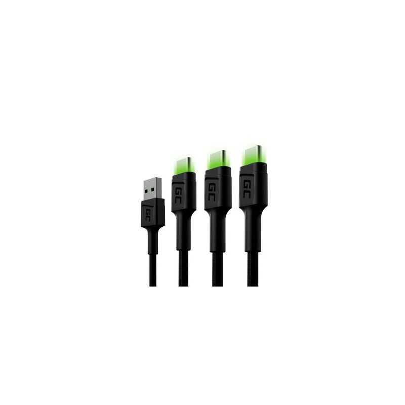 Zestaw 3x Green Cell kabel GC Ray USB-C 200cm kabel z green LED backlight, szybkie ładowania Ultra Charge, QC 3.0