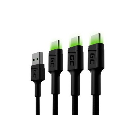 Zestaw 3x Green Cell kabel GC Ray USB-C 200cm kabel z green LED backlight, szybkie ładowania Ultra Charge, QC 3.0