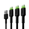 Zestaw 3x Green Cell kabel GC Ray USB-C 200cm kabel z green LED backlight, szybkie ładowania Ultra Charge, QC 3.0