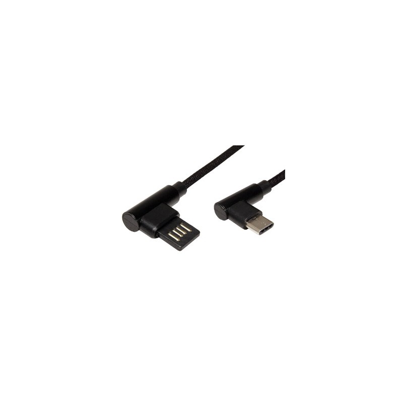 USB kabel (2.0), USB A M - USB C (M), 0.8m, okrągły, czarny, plastic bag, konektor 90°