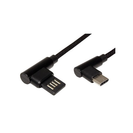 USB kabel (2.0), USB A M - USB C (M), 0.8m, okrągły, czarny, plastic bag, konektor 90°