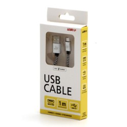 Logo USB kabel (2.0), USB A M - microUSB (M), 1m, 480 Mb/s, 5V/2A, srebrny, box, oplot nylonowy, aluminiowa osłona złącza, EOL