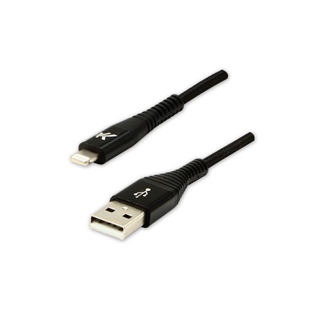 Logo USB kabel (2.0), USB A M - Apple Lightning M, 1m, certyfikat MFi, czarny, box, oplot nylonowy, aluminiowa osłona złącza, EO