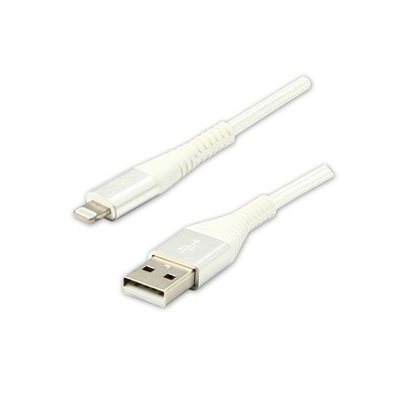 Logo USB kabel (2.0), USB A M - Apple Lightning M, 1m, certyfikat MFi, biały, box, oplot nylonowy, aluminiowa osłona złącza, EOL