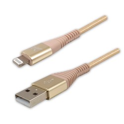 Logo USB kabel (2.0), USB A M - Apple Lightning M, 1m, certyfikat MFi, złoty, box, oplot nylonowy, aluminiowa osłona złącza, EOL