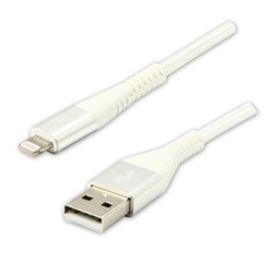 Logo USB kabel (2.0), USB A M - Apple Lightning M, 2m, certyfikat MFi, biały, box, oplot nylonowy, aluminiowa osłona złącza, EOL