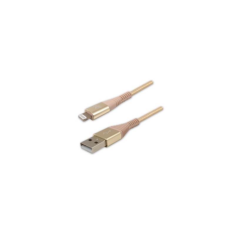 Logo USB kabel (2.0), USB A M - Apple Lightning M, 2m, certyfikat MFi, złoty, box, oplot nylonowy, aluminiowa osłona złącza, EOL
