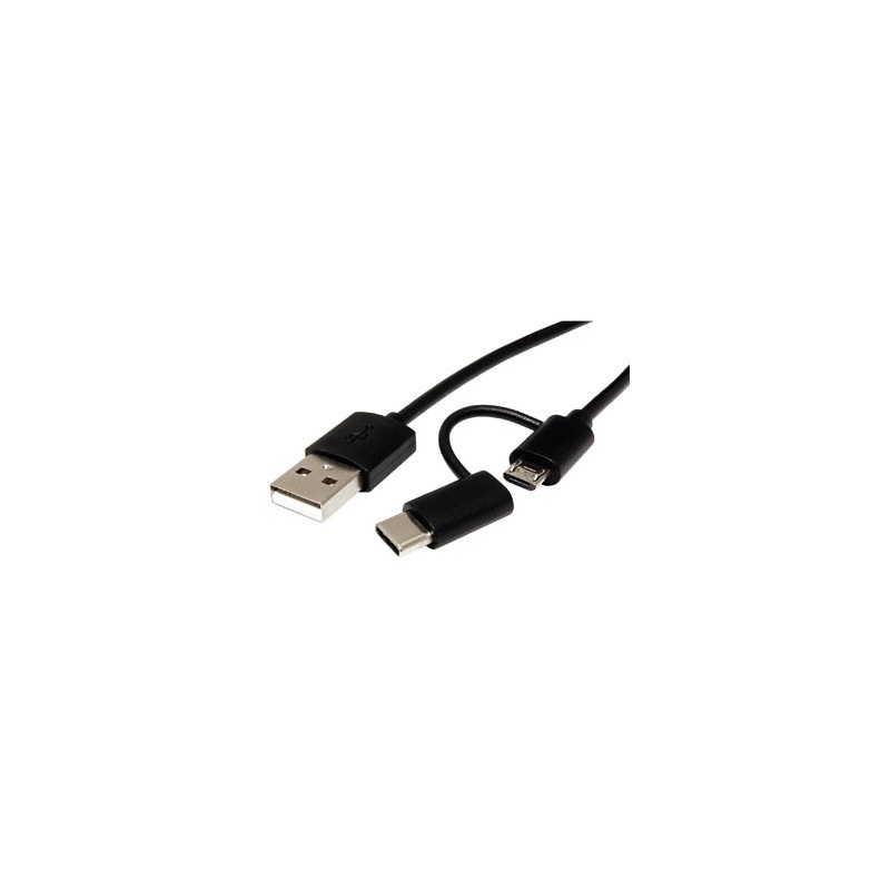 USB kabel (2.0), USB A M - microUSB (M) + USB C (M), 1m, okrągły, czarny, plastic bag, z redukcją do USB C, EOL