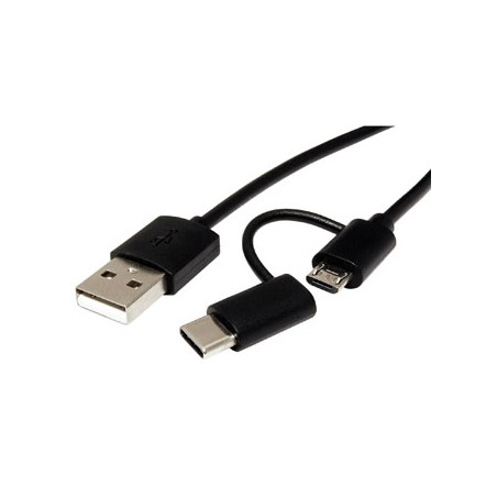 USB kabel (2.0), USB A M - microUSB (M) + USB C (M), 1m, okrągły, czarny, plastic bag, z redukcją do USB C, EOL