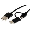 USB kabel (2.0), USB A M - microUSB (M) + USB C (M), 1m, okrągły, czarny, plastic bag, z redukcją do USB C, EOL