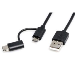 USB kabel (2.0), USB A M - microUSB (M) + USB C (M), 1m, okrągły, czarny, plastic bag, z redukcją do USB C, EOL