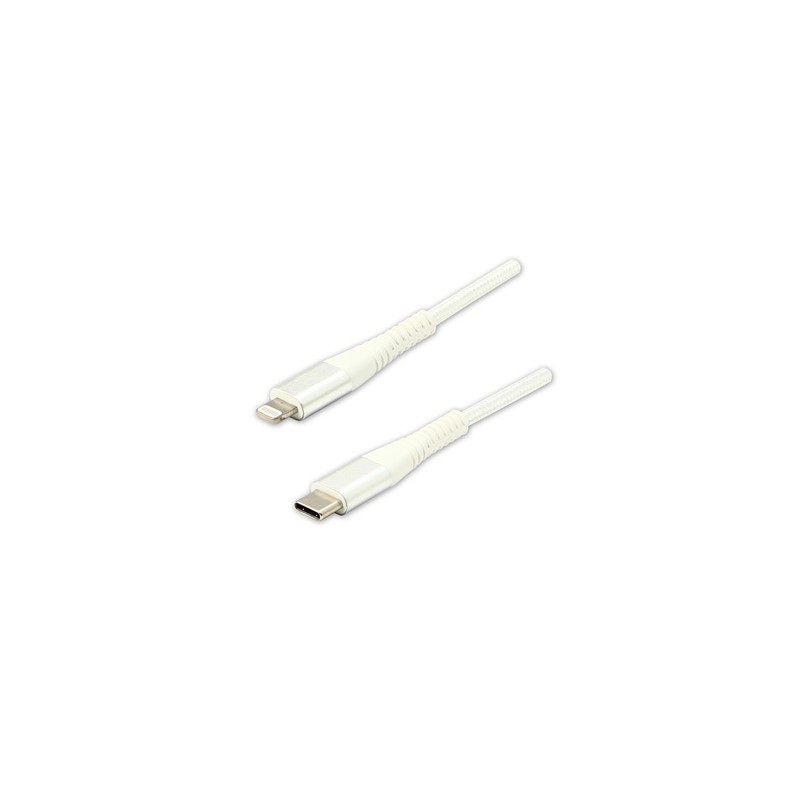 Logo USB kabel (2.0), USB C (M) - Apple Lightning M, 1m, certyfikat MFi, biały, box, oplot nylonowy, aluminiowa osłona złącza, E