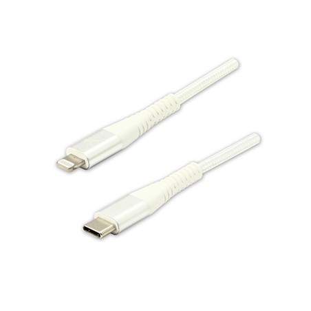 Logo USB kabel (2.0), USB C (M) - Apple Lightning M, 1m, certyfikat MFi, biały, box, oplot nylonowy, aluminiowa osłona złącza, E