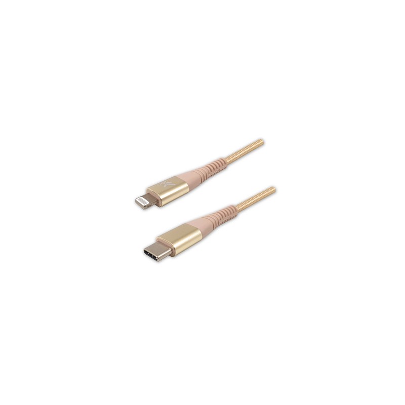 Logo USB kabel (2.0), USB C (M) - Apple Lightning M, 1m, certyfikat MFi, złoty, box, oplot nylonowy, aluminiowa osłona złącza, E
