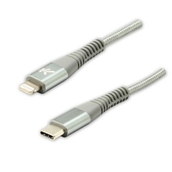 Logo USB kabel (2.0), USB C (M) - Apple Lightning M, 2m, certyfikat MFi, srebrny, box, oplot nylonowy, aluminiowa osłona złącza,