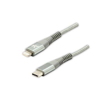 Logo USB kabel (2.0), USB C (M) - Apple Lightning M, 2m, certyfikat MFi, srebrny, box, oplot nylonowy, aluminiowa osłona złącza,