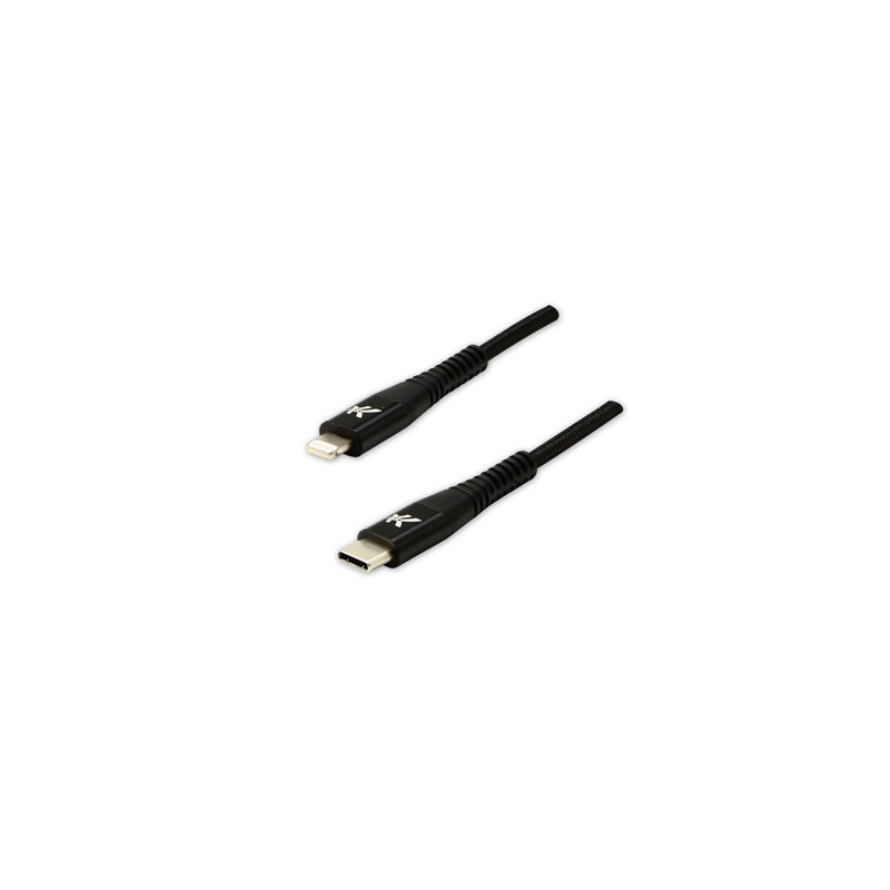 Logo USB kabel (2.0), USB C (M) - Apple Lightning M, 2m, certyfikat MFi, czarny, box, oplot nylonowy, aluminiowa osłona złącza, 