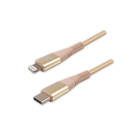 Logo USB kabel (2.0), USB C (M) - Apple Lightning M, 2m, certyfikat MFi, złoty, box, oplot nylonowy, aluminiowa osłona złącza, E