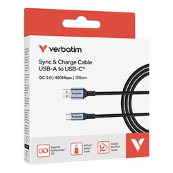 Verbatim USB kabel USB A M - USB C (M), 18W, 1.2m, czarny, box, 31843