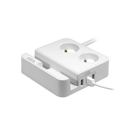 Logo 2 gniazda, biała, 3x USB, z podsatwą na telefon