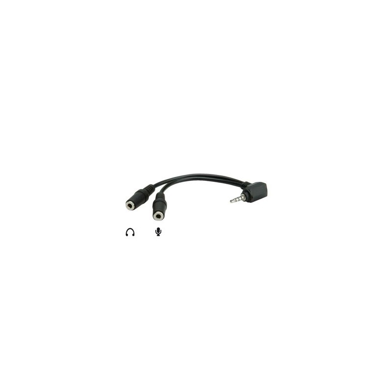 Audio redukcja, Jack (3.5mm) M 4-polowy - 2x Jack (3.5mm) F, 90°, 0.2 m, stereo, czarna, EOL