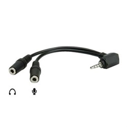 Audio redukcja, Jack (3.5mm) M 4-polowy - 2x Jack (3.5mm) F, 90°, 0.2 m, stereo, czarna, Logo blister, EOL